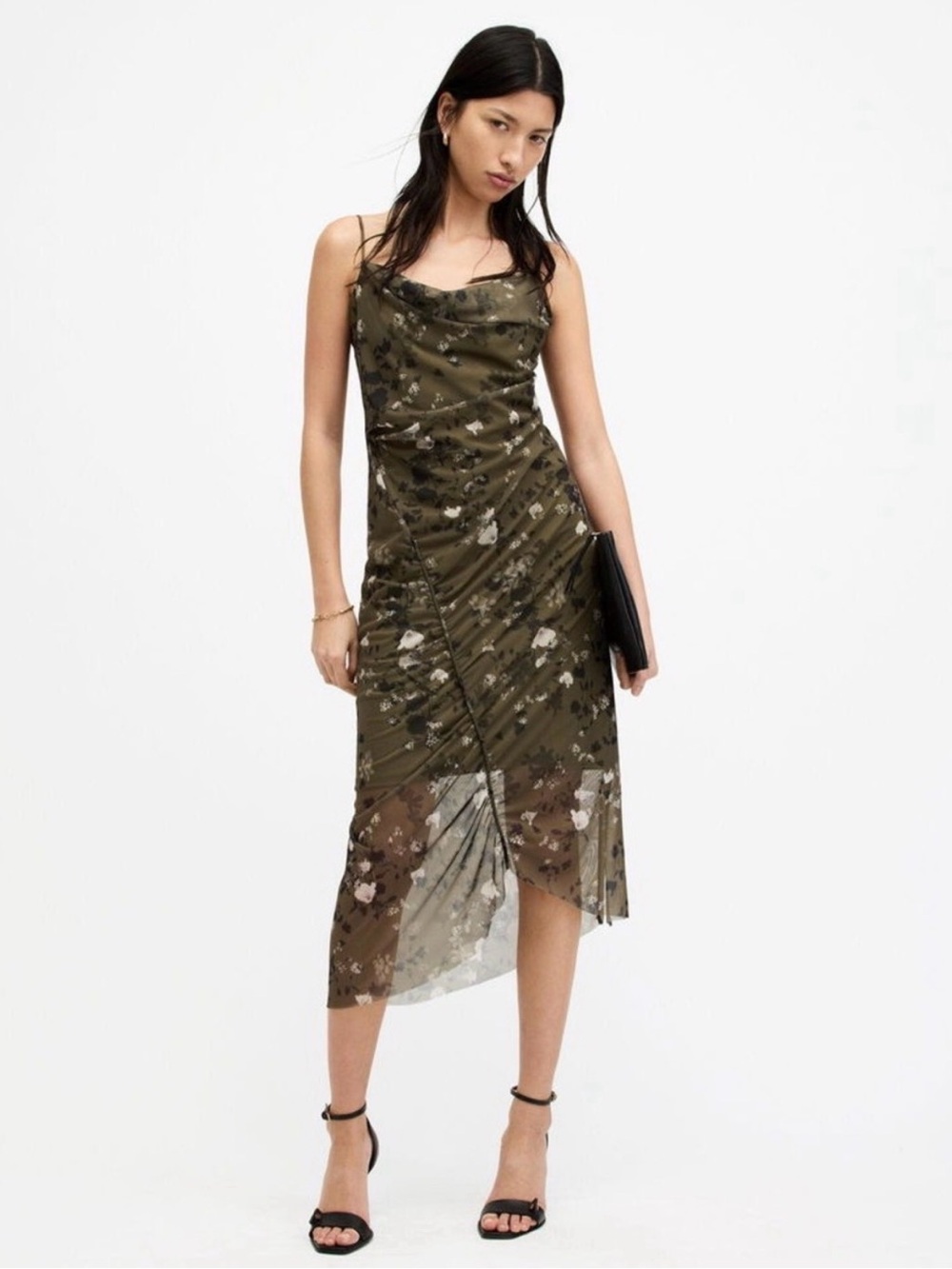 Allsaints Ulla Draped Shirred Midi Dress Olive Green Floral M